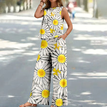 Load image into Gallery viewer, Bohemian Leaf Print Holiday Pants Set Round Neck Elegant Temperament Summer Sleeveless Top And Pants Hawaii Vacation Womenswear
