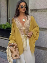 Load image into Gallery viewer, Women Lace Patchwork Lantern Long Sleeve Shirt Top Tie-up Loose Sheer Blouse Elegant Irregular High Street Fashion Lady