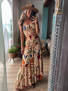 Fashion Printed Layered Curling Edge Patchwork Dresses Chic Full Sleeve Pleated U Neck Gown New Lady Vacation Highstreet Vestido