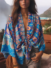 Load image into Gallery viewer, Vintage Boho Kimono Short Robe Women Fashion 2024 Floral Batwing Sleeves Rayon Bohemian Bikini Cover Up Beachwear