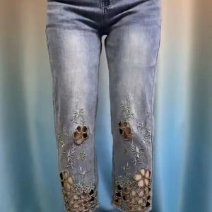 Women High End Hollowed Out Embroidered Denim Eight Cigarette Tube Pants 2025 New Summer Thin High Waist Stylish Denim Tube Pant