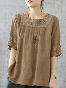 Elegant Women Square Neck Half Sleeve Work Blouses Summer Embroidery Shirt Fashion Holiday Tunic Tops Loose Blusas Mujer
