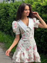 Load image into Gallery viewer, Flower Printed Lapel Mini Dress Women Casual Daily Short Sleeved V Neck A-line Fluffy Short Vestido 2025 New Summer Holiday Robe