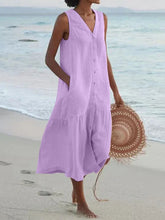 Load image into Gallery viewer, Summer Loose Casual Patchwork Cotton Linen Pocktes Dress V Neck Beach Style Dress Sleeveless Vintage Club Midi Solid Women Dress
