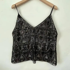 Puloru Trendy Sequins Beads Flower Pattern Vests Women's Sleeveless Open Back V Neck Camisoles See-Through Chic Summer Camis