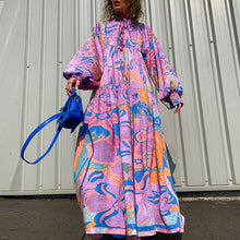 Load image into Gallery viewer, Autumn Fashion Boho Holiday Pleated Dress Women Floral Print Lace-Up Maxi Dress Casual Vintage Lantern Sleeve Loose A-Line Dress