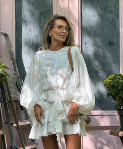 Fashion Women's Ruffles Short Dress Elegant Round Neck Lace Up Lantern Long Sleeve Mini Vestido Chic Female 2025 Solid Dresses