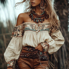Load image into Gallery viewer, Chic Bohemian Off Shoulder Blouse with Ethnic Style Print Lantern Sleeves Single Breasted Shirts for Summer Autumn Casual Tops