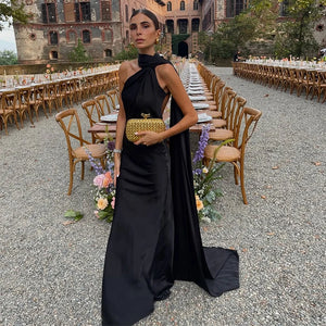 Elegant Satin Ribbons Halter Party Dress Women's Sexy Backless Off Shoulder Sleeveless Robes 2025 Summer New Lady Evening Gowns
