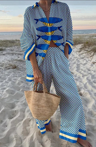 Fashion Print Beach Holiday 2-Piece Set Women Spring Summer Long Sleeve Shirt Top + Wide Legs Women's Oversized Two-Piece Outfit