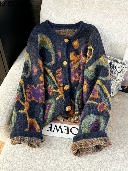 Autumn Retro Sweater Cardigan Women Korean Fashion Thick Metal Embroidery Knitted Gentle Vintage Clothes