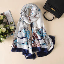 Load image into Gallery viewer, Green Peacock Feather Hijab Summer Beach Pareo Silk Scarf Women Luxury Bandana Soft Long Foulard Femme Designer Bufandas Mujer