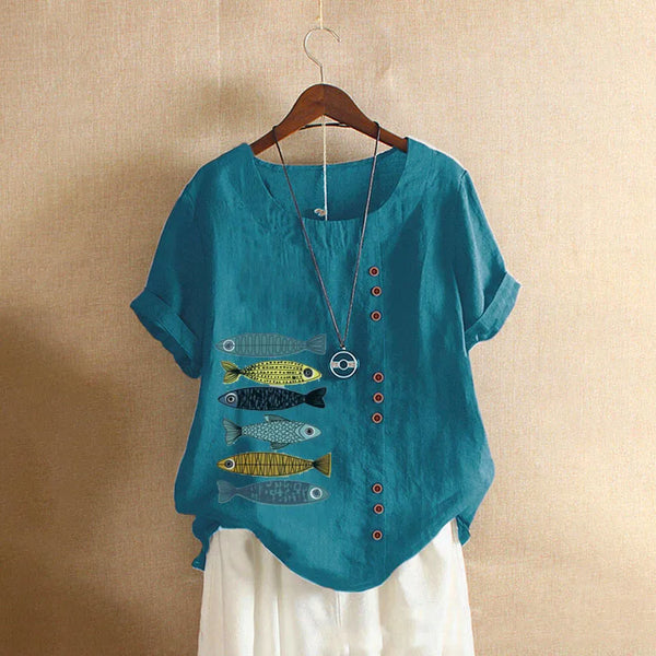 Women Cotton Linen Blouse Shirts Summer O-Neck Short Sleeve Vintage Floral Print Loose Tops WYLP-AL620409060860