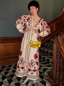Women Flax Flower Print Maxi Boho Dress Vintage Street V Neck Lantern Sleeve Single Breasted Vestidos Lady Vacation Loose Robes