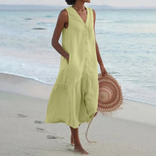 Load image into Gallery viewer, Summer Loose Casual Patchwork Cotton Linen Pocktes Dress V Neck Beach Style Dress Sleeveless Vintage Club Midi Solid Women Dress