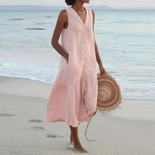 Load image into Gallery viewer, Summer Loose Casual Patchwork Cotton Linen Pocktes Dress V Neck Beach Style Dress Sleeveless Vintage Club Midi Solid Women Dress