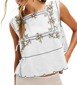 Embroidery Flower Tank Tops for Women Y2K Sleeveless Square Neck Button Front Free Tie Up Cropped Vest Summer Chic Streetwear
