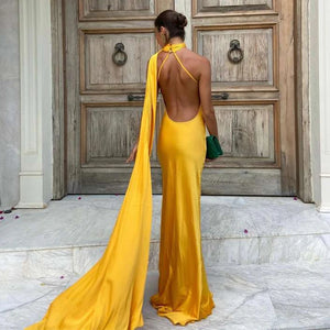 Elegant Satin Ribbons Halter Party Dress Women's Sexy Backless Off Shoulder Sleeveless Robes 2025 Summer New Lady Evening Gowns