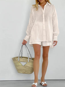 2024 Spring Summer Solid Cotton Short Two Piece Set Women Stripe Long Sleeve Shirts Shorts 2 Piece Sets Simple Style Lady Suit