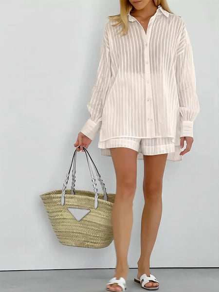 2024 Spring Summer Solid Cotton Short Two Piece Set Women Stripe Long Sleeve Shirts Shorts 2 Piece Sets Simple Style Lady Suit