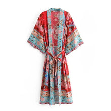 Load image into Gallery viewer, Happie Queens Women Green Peacock Print Bat Sleeve Beach Bohemian Kimono Robe Ladies V Neck  Boho Bikini Cover-ups
