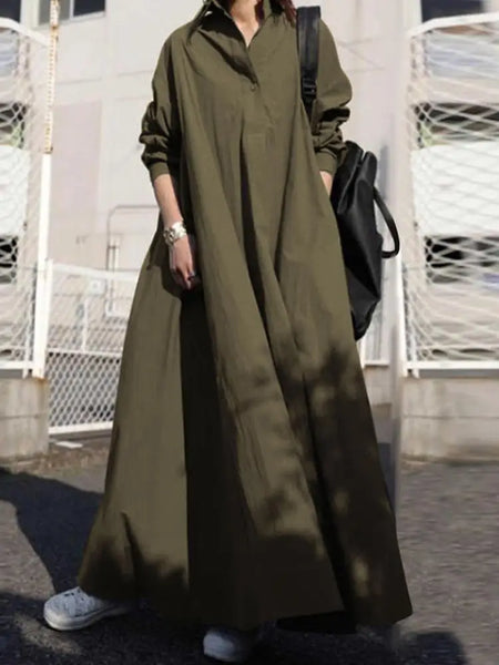 Women's Dress Autumn Long Sleeve Shirt Dress Loose Oversized Maxi Kaftan Woman Lapel Solid Half-Button A-line Sundress
