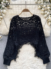 Load image into Gallery viewer, Autumn Casual Loose Knitting Top O Neck Hook Flower Hollow Long Sleeved Tassel Design Fashion French Vintage Blouse