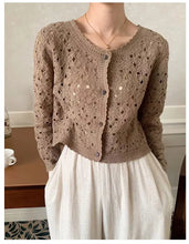 Load image into Gallery viewer, Long Sleeve Crochet Top for Women Sheer Button Up Hollow Out Openwork Knit Cardigan Jacket Spring Summer Boho Vacation Outfit