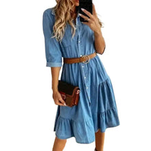 Load image into Gallery viewer, Denim Dress Three Quarter Sleeve with Belt Turn-down Collar Spring Autumn Buttons Ruffle Jeans Dresses for women 2025