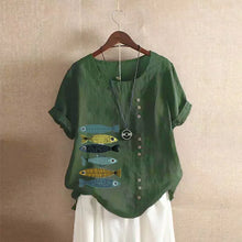 Load image into Gallery viewer, Women Cotton Linen Blouse Shirts Summer O-Neck Short Sleeve Vintage Floral Print Loose Tops WYLP-AL620409060860
