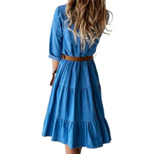 Load image into Gallery viewer, Denim Dress Three Quarter Sleeve with Belt Turn-down Collar Spring Autumn Buttons Ruffle Jeans Dresses for women 2025