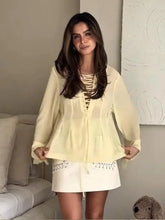 Load image into Gallery viewer, Yellow Casual Ruffles Lace-up Shirts For Women Fashion Loose Long Sleeve V Neck Summer Blouse Lady Lightweight Holiday Tops 2025