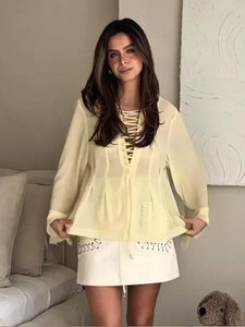 Yellow Casual Ruffles Lace-up Shirts For Women Fashion Loose Long Sleeve V Neck Summer Blouse Lady Lightweight Holiday Tops 2025