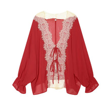 Load image into Gallery viewer, Women Lace Patchwork Lantern Long Sleeve Shirt Top Tie-up Loose Sheer Blouse Elegant Irregular High Street Fashion Lady