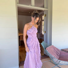 Load image into Gallery viewer, Chic pleated halter neck long vacation dress high quality purple strapless Lotus Edge Maxi Dress 2025 New Lady Vacation Gowns