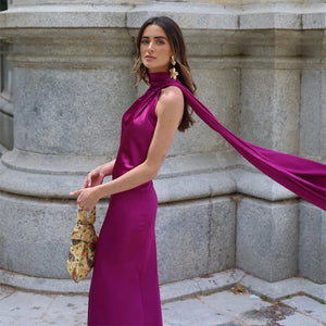 Elegant Satin Ribbons Halter Party Dress Women's Sexy Backless Off Shoulder Sleeveless Robes 2025 Summer New Lady Evening Gowns
