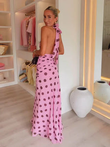 Pink Chiffon Polka Dot Printing Halter Maxi Dress Women Elegant Sleeveless Backless Skinny Pleated Robe Beach Evening Party Gown
