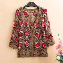 Load image into Gallery viewer, Three-Dimensional Flower Openwork Crocheted Sweater Cardigan Women&#39;s Spring And Autumn New Heavy Industry Joker Sweater 3XL Coat