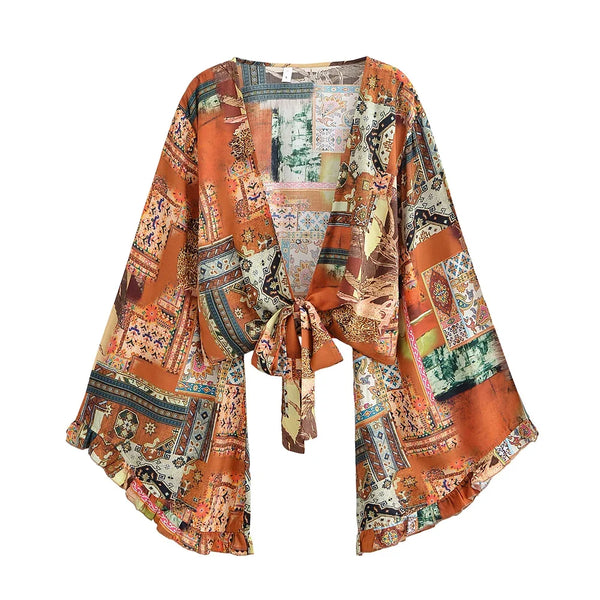 Boho Queens Sun Flower Beach Summer Short Kimono Women 2025 Ruffles Flare Sleeves Vacation Bohemian Bikini Cover-ups