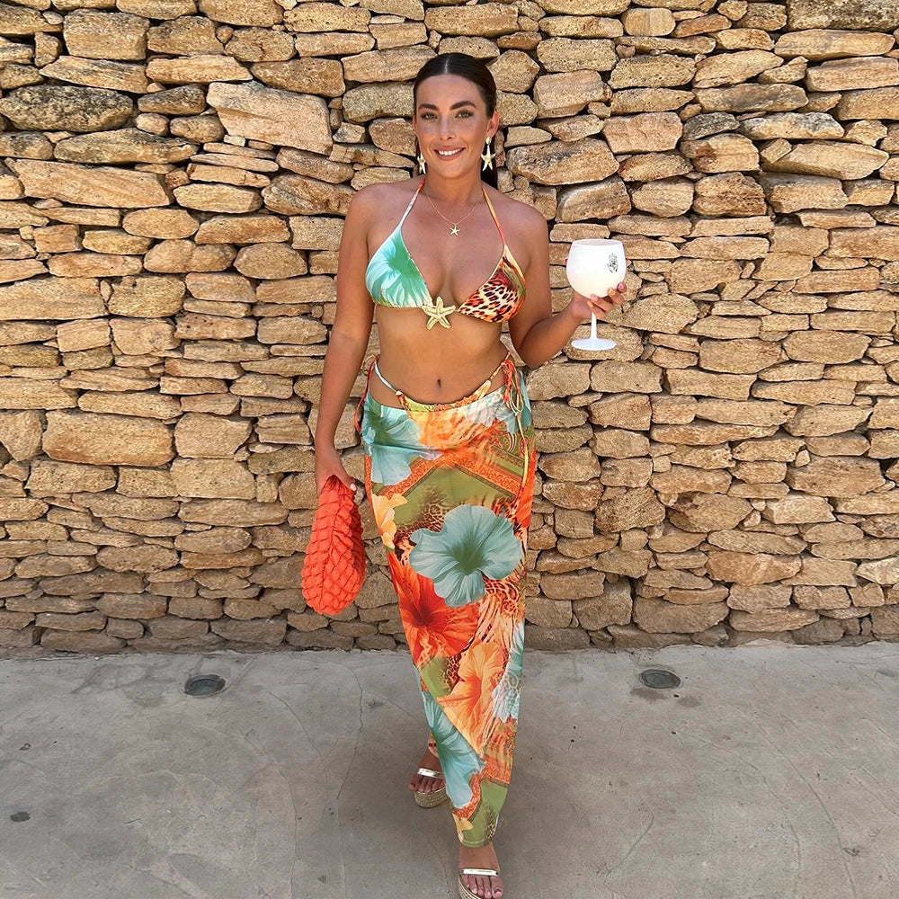 Sexy Print 3 Piece Micro Bikinis Women Swimsuit New Swimwear With Long Sleeve Bathing Suit Beachwear Biquini Female