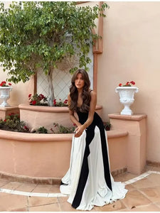 New Contrast Color A-line Women's Sling Dress Elegant Sleeveless Backless High Waist Long Robe Chic High Street Banquet Gowns
