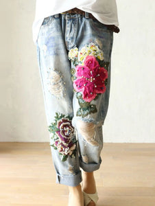 2024 Fashion Ladies Elegant New Jeans For Women Summer Casual Floral Embroidery Denim Trousers Females Loose Harem Pants