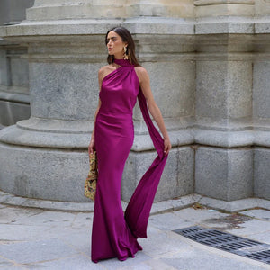Elegant Satin Ribbons Halter Party Dress Women's Sexy Backless Off Shoulder Sleeveless Robes 2025 Summer New Lady Evening Gowns