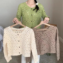 Load image into Gallery viewer, Long Sleeve Crochet Top for Women Sheer Button Up Hollow Out Openwork Knit Cardigan Jacket Spring Summer Boho Vacation Outfit