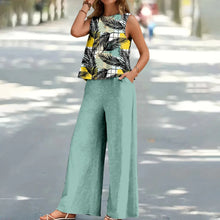 Load image into Gallery viewer, Bohemian Leaf Print Holiday Pants Set Round Neck Elegant Temperament Summer Sleeveless Top And Pants Hawaii Vacation Womenswear
