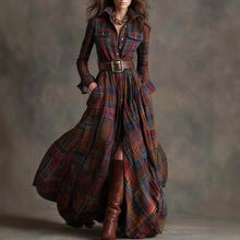 Load image into Gallery viewer, European American Women&#39;s Shirt Maxi Dress Autumn Casual Long Sleeve Button Pocket Plaid Print Lapel Retro Long Dress Vestidos