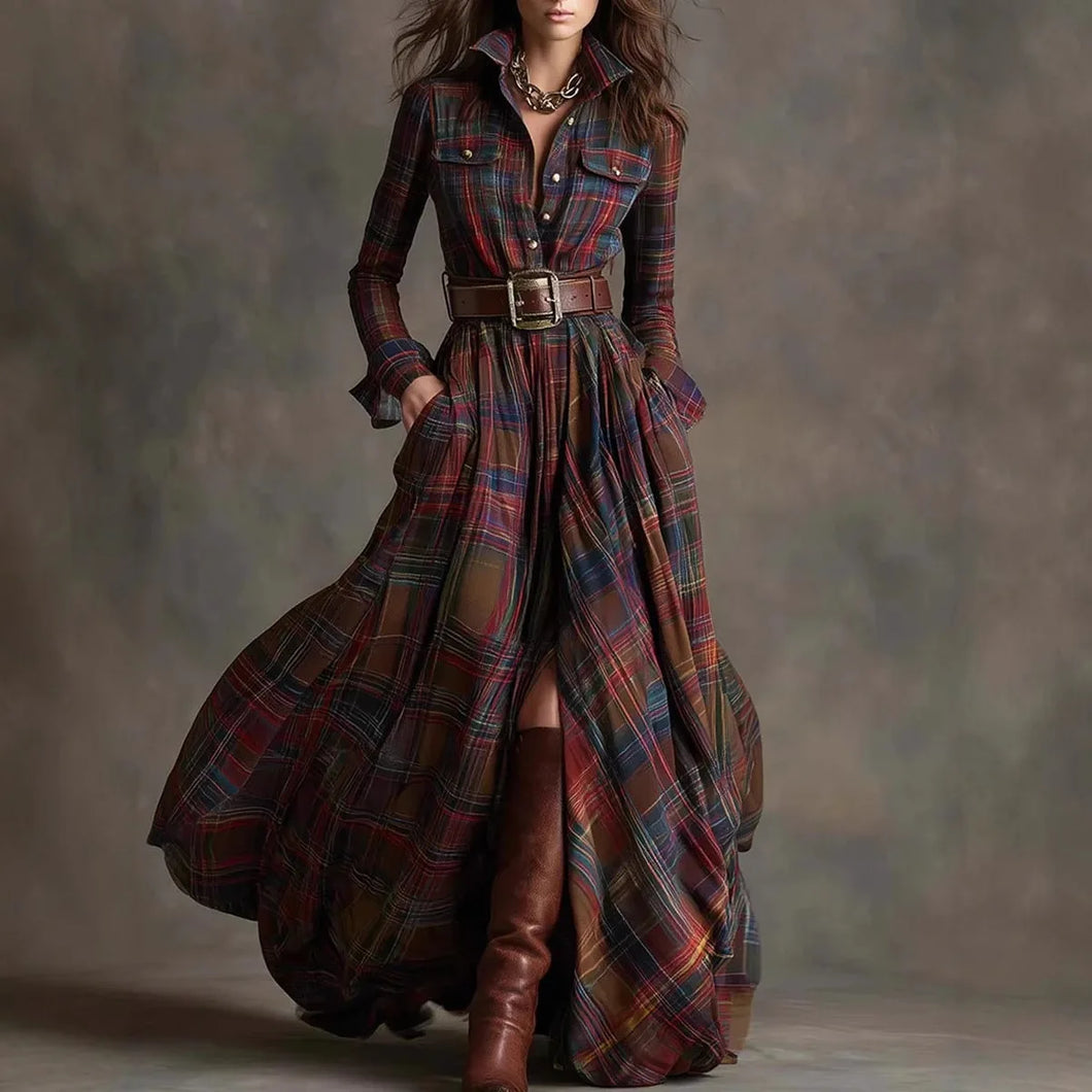 European American Women's Shirt Maxi Dress Autumn Casual Long Sleeve Button Pocket Plaid Print Lapel Retro Long Dress Vestidos