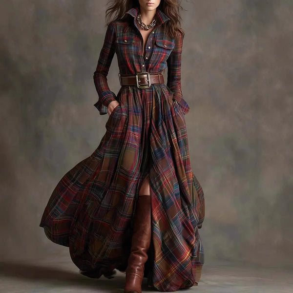European American Women's Shirt Maxi Dress Autumn Casual Long Sleeve Button Pocket Plaid Print Lapel Retro Long Dress Vestidos
