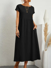Load image into Gallery viewer, Women Vintage Solid Dress Summer Elegant O Neck Short Sleeve Cotton Linen Dresses Female Casual Loose Sundress Long Dress