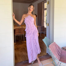 Load image into Gallery viewer, Chic pleated halter neck long vacation dress high quality purple strapless Lotus Edge Maxi Dress 2025 New Lady Vacation Gowns